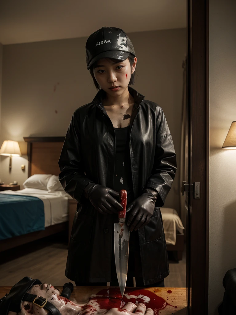 korean girl, (behind corpse, blood splatter), surgical mask, holding knife, stabbing, black raincoat, leather gloves, trucker hat, room full of blood, short hair, holding knife, leather gloves, behind corpse, night, mass murderer, robbery, in the hotel,
