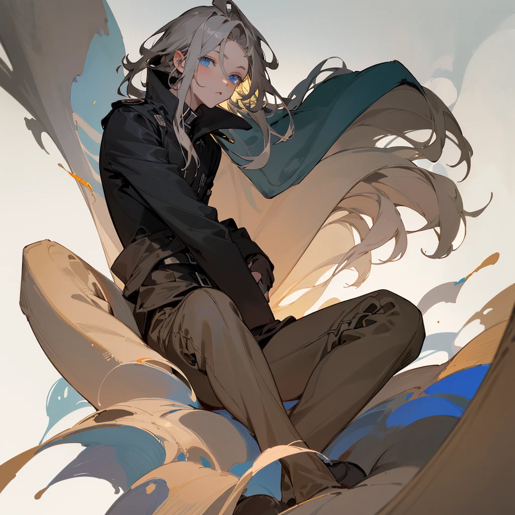 Boy1 oil painting, Short gray hair, bangs on the forehead, eyes behind the bangs, Blue eyes, Wearing a dark brown coat, wearing a black shirt with a long collar covering the neck (blank white background) Half body character image (sitting pose, eyes looking in the other direction) hair blowing in the wind to the left side, A thin smile with thick hair