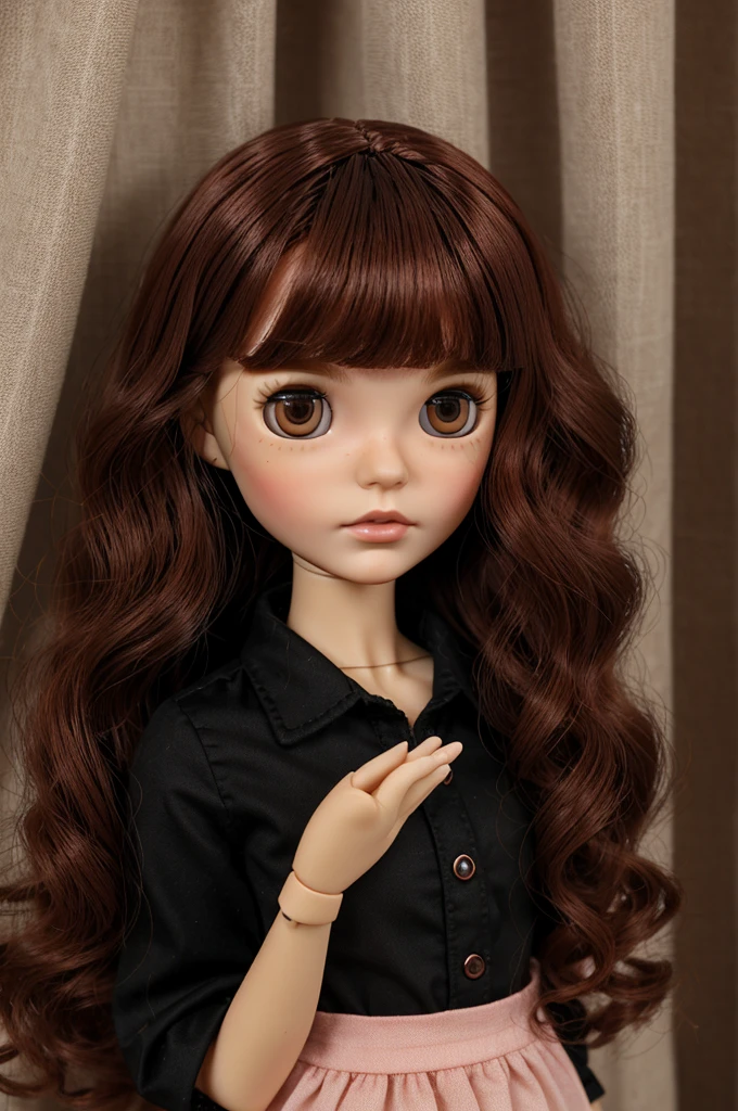 make a Blythe doll, wavy but not too wavy, with curtain bangs, dark coppery red, medium hair, and polka dots under both eyes, with a black shirt.