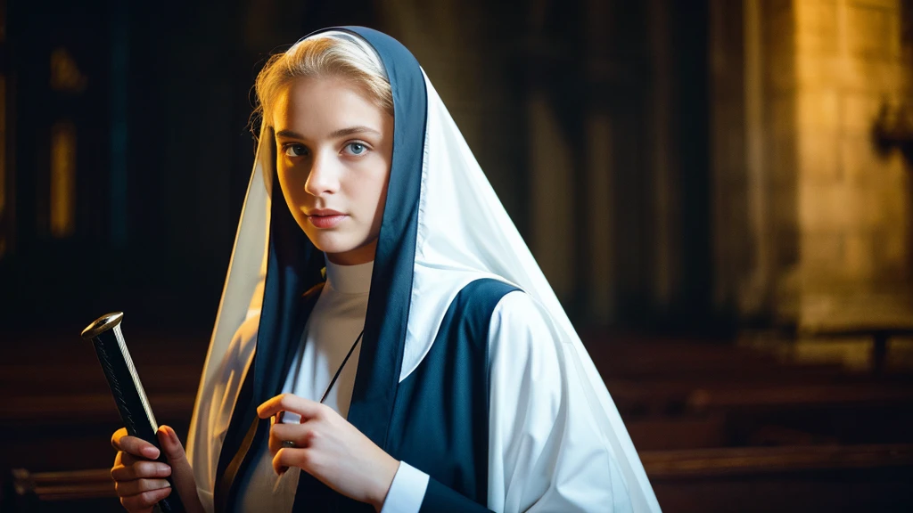 Beautiful blonde with big breasts dressed as a nun (Holding a sword in a dark church),Wearing headphones,Very detailed, 21 years old, Innocent face, Naturally Wavy Hair, blue eyes, High resolution, masterpiece, Highest quality, Intricate details, Very detailed, Clear focus, Delicate skin, practical skin texture, texture, Delicate eyes, Professional, 4K, Sad crying face, Shot with Canon, 85mm, Shallow and deep,  Kodak Vision Color, Exactly, Very detailed, photograph_\(Extremist\), photographpractical, practical, Post-processing, Maximum details, Roughness, Real Life, Extremist practical, Photorealism, photographgraphy, 8K Ultra HD, photographgraphy