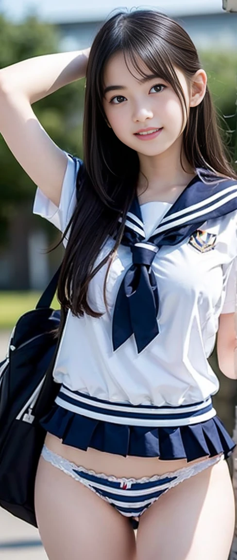 NSFW, (masterpiece, Highest quality:1.2), 8K, Young and beautiful girl, 85mm,Official AR RAW Photos, (Baby Face), ((Small face)), ((Big Breasts)), ((Lift up your sailor uniform and show your boobs)), Detailed nipples, Show me your ears、photo shoot, Cute face, Thighs, Classroom after school, Looking at the audience, Embarrassing、smile、 makeup, Film Grain, chromatic aberration, Sharp focus, Face Light, Bright lighting, 10 generations, Detailed face, Background blur、((((((14 year old high school girl))))))、Narrow waist, ((Take off your underwear)), (Take off your sailor uniform), (Change of clothes), White tiny panties, Detailed pubic hair