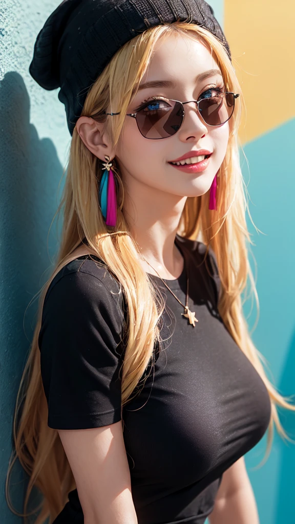 1 Girl,Sexy Mature,Long blonde hair,very long, Long Hair,blue eyes,Highly detailed face,fine grain,Wearing a colorful beanie hat,Big Breasts,Stylish clothing,Black T-shirt,Statement Earrings、jewelry,Wear sunglasses,Full of smiles,Upper Body Shot,background:Colorful rainbow wall,Nice,