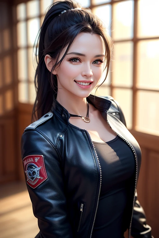 a gorgeous middle-aged busty woman, ponytail, leather jacket, lady bikers, motosport, beautiful smile showing teeth, pov, lover, cinematic lighting, (best quality,4k,8k,highres,masterpiece:1.2),ultra-detailed,(realistic,photorealistic,photo-realistic:1.37),HDR,UHD,studio lighting,ultra-fine painting,sharp focus,physically-based rendering,extreme detail description,professional,vivid colors,bokeh,portrait,photorealistic,cinematic,dramatic lighting