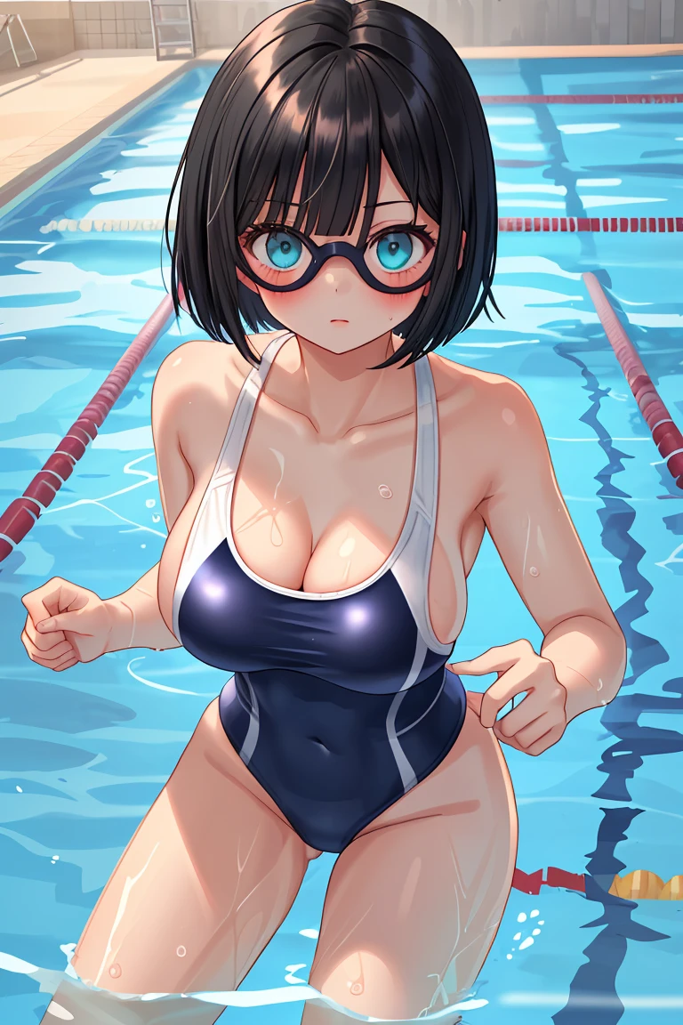 Swimming Club　Swimsuit　beautiful girl　Black Hair　Short Bob　goggles　Beautiful breasts