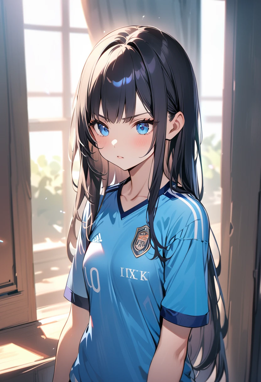 BREAK 1girl, long hair, black hair, straight hair, short bangs above brows, blue eyes, serious, looking away,
BREAK (masterpiece), (high resolution 8K), cinematic lighting, professional lighting, very cute, detailed eyes and face, detailed body,
BREAK Soccer uniform,