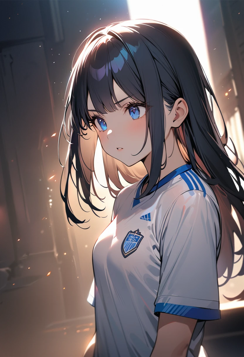 BREAK 1girl, long hair, black hair, straight hair, short bangs above brows, blue eyes, serious, looking away,
BREAK (masterpiece), (high resolution 8K), cinematic lighting, professional lighting, very cute, detailed eyes and face, detailed body,
BREAK Soccer uniform,