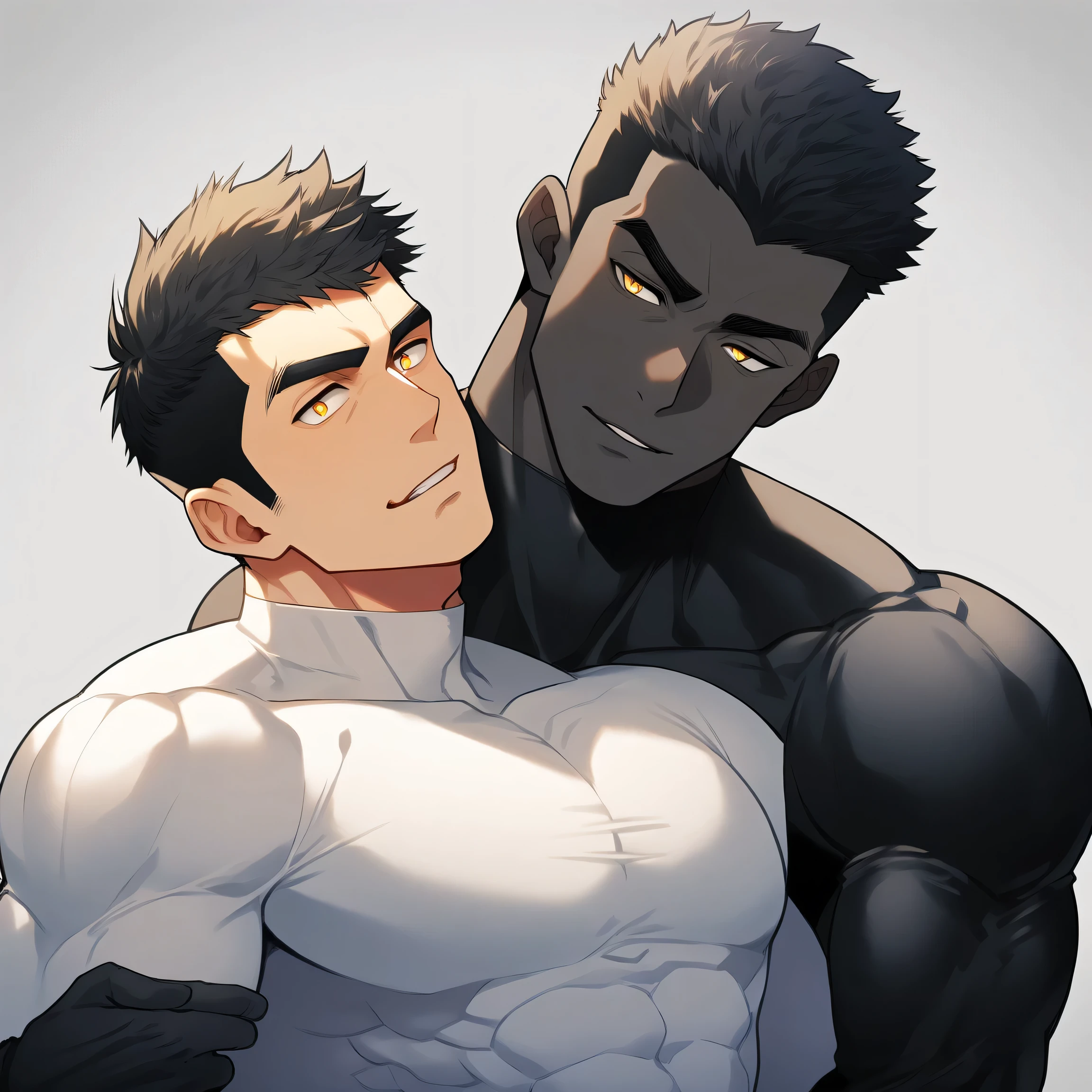 anime characters:Two superheroes in tights, Muscle superhero, negro black skin, They hugged and kissed each other, Bite your neck, Caress, Manliness, male focus, Yellow and black high collar long sleeve tight T-shirt, Slightly transparent material, Very tight, Round, full and perky chest muscles, Muscle waist, Slightly transparent, muscular male, muscular, only, Upper body, alone, Black short hair, Thick eyebrows, stubble, Yellow eyes, Grey background, simple background, amazing quality, best aesthetics, Ridiculous, bright pupils, crew cut, parted lips, seductive smile, torogao, naughty face, drop shadow, best quality