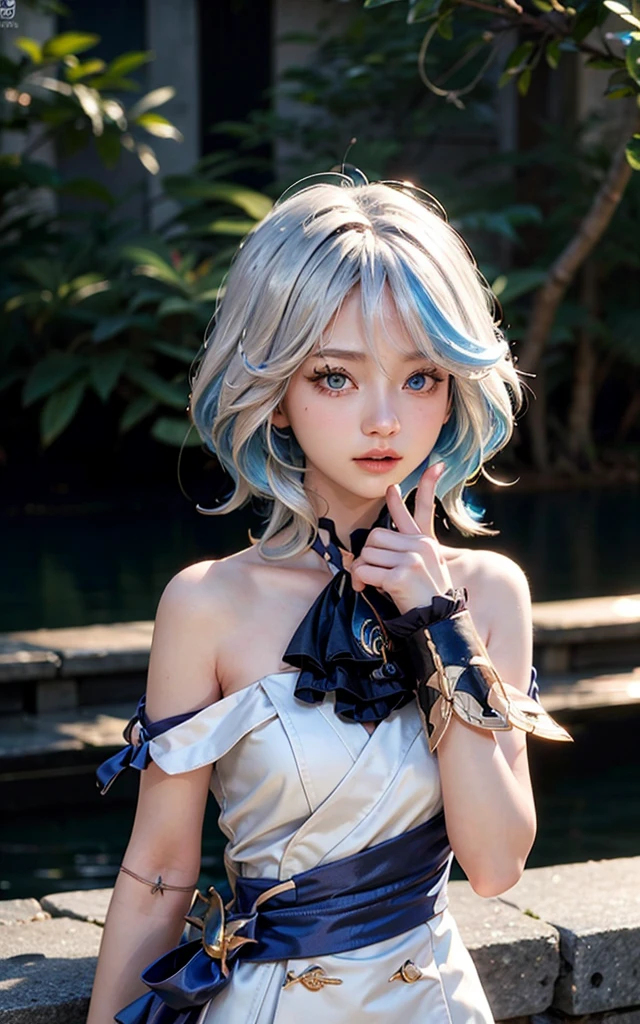Furina from Genshin Impact) 18 years old, (Raw photo, Best Quality), (Realistic, Photorealsitic:1.3), masterpiece, Extremely delicate and beautiful, Soft light, (blue and white hair, Shoulder-length straight hair swaying in the wind), Beautiful detailed girl, (Detailed fingers), extremely detailed eye and face, beautiful detailed nose, Beautiful detailed eyes, 1 girl, Japanese, Neat and clean beauty, Cute, young, dress shirts, Pants, (Half body:1.3), (medium breasts), Realistic face, Realistic body,