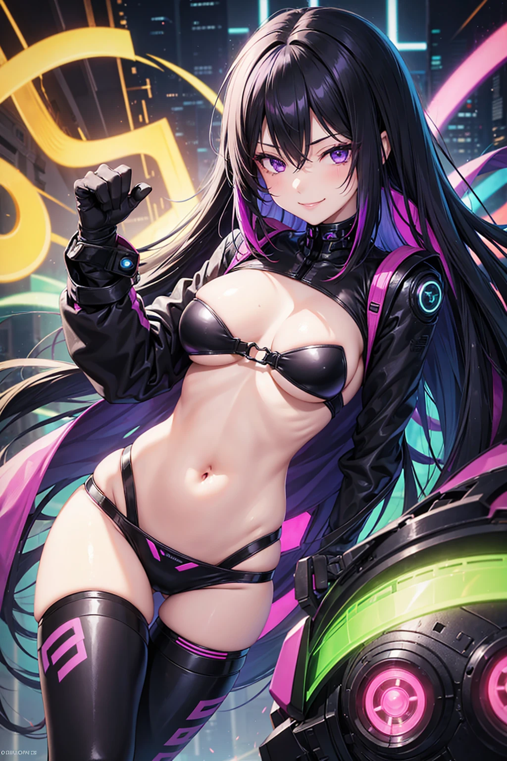 woman、Early 20s、cyber punk、Wicked Smile、Black Hair、Long Hair、Multicolored Hair、Purple Eyes、breast enhancement、sexy、Tight combat suit