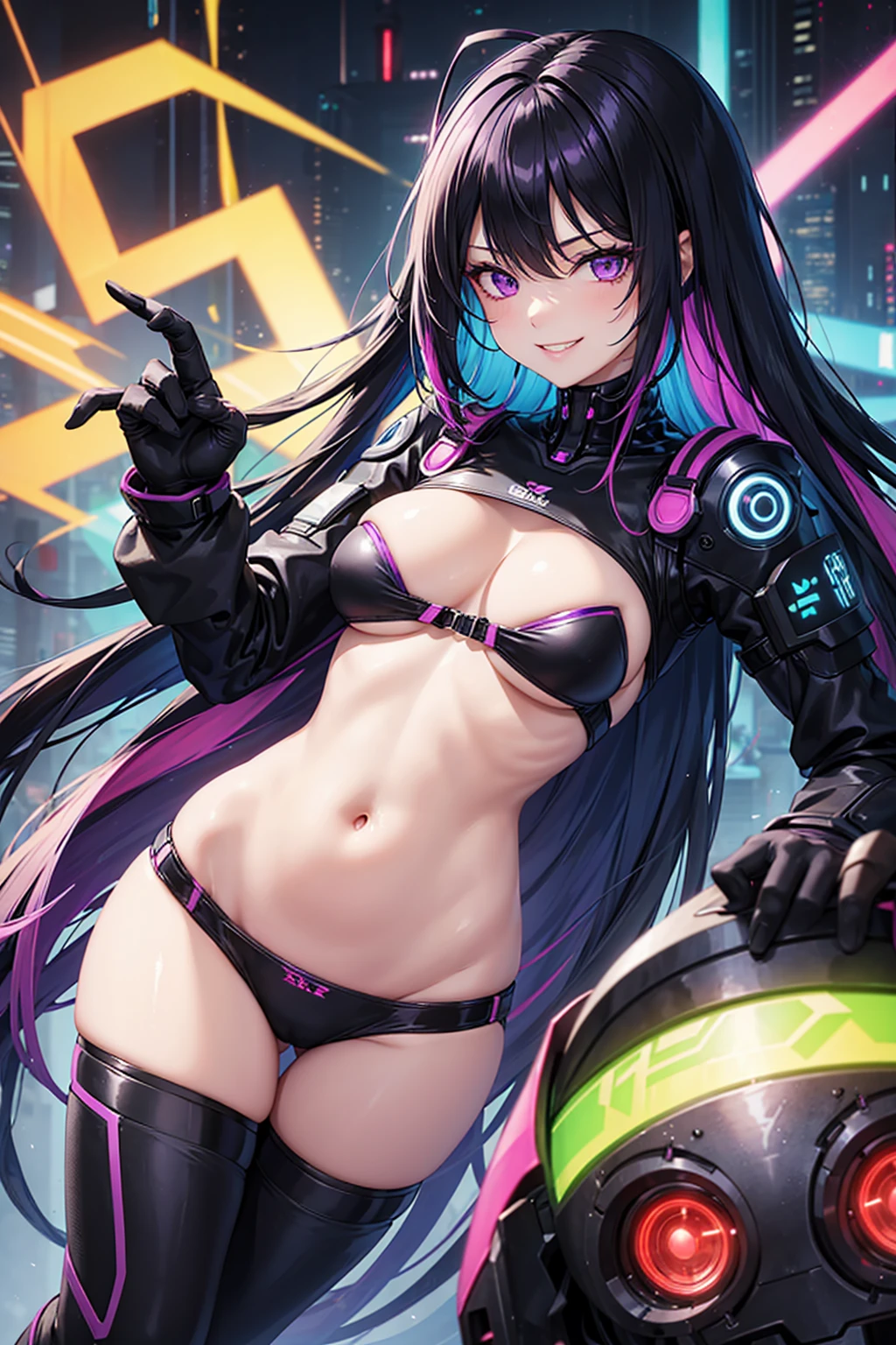 woman、Early 20s、cyber punk、Wicked Smile、Black Hair、Long Hair、Multicolored Hair、Purple Eyes、breast enhancement、sexy、Tight combat suit