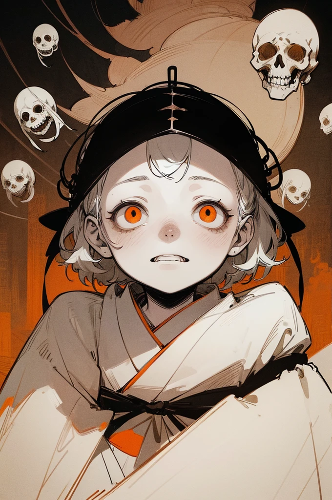 ((festival)), Outline warm color, ((Jump scares)), scribble, nightmare, Doll-like face, Manga style, rough sketch, Horror elements, (masterpiece), (High resolution), (Very delicate), (clear), Comic style illustration, (drawing style), warm color, (Horror elements), Japanese painting, whole body, Appear, angle, (snap shot), Bugaboo, that&#39;terrible, (Spooky), Japan sculpture, primitive art, old picture scroll style, old staging, Ancient mural style, crazy illustration, antique, Dark atmosphere, Flat Illustration, Crazy Smile, Spookyな外観, Characteristic hairstyle, creative accessories, Unique atmosphere