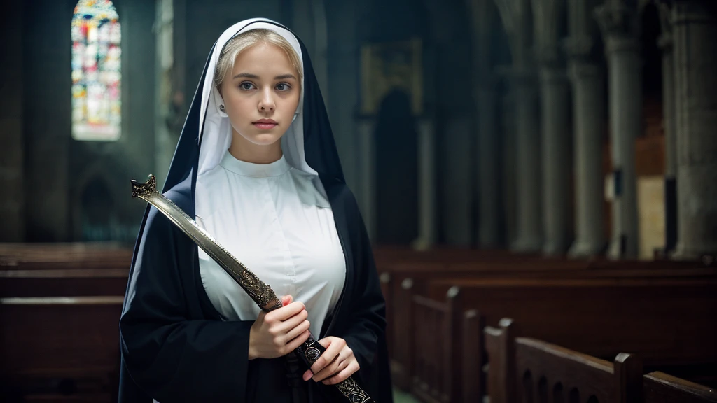 Beautiful blonde with big breasts dressed as a nun (Holding a sword in a dark church),Wearing headphones,Very detailed, 21 years old, Innocent face, Naturally Wavy Hair, blue eyes, High resolution, masterpiece, Highest quality, Intricate details, Very detailed, Clear focus, Delicate skin, practical skin texture, texture, Delicate eyes, Professional, 4K, Sad crying face, Shot with Canon, 85mm, Shallow and deep, Kodak Vision Color, Exactly, Very detailed, photograph_\(Extremist\), photographpractical, practical, Post-processing, Maximum details, Roughness, Real Life, Extremist practical, Photorealism, photographgraphy, 8K Ultra HD, photographgraphy
