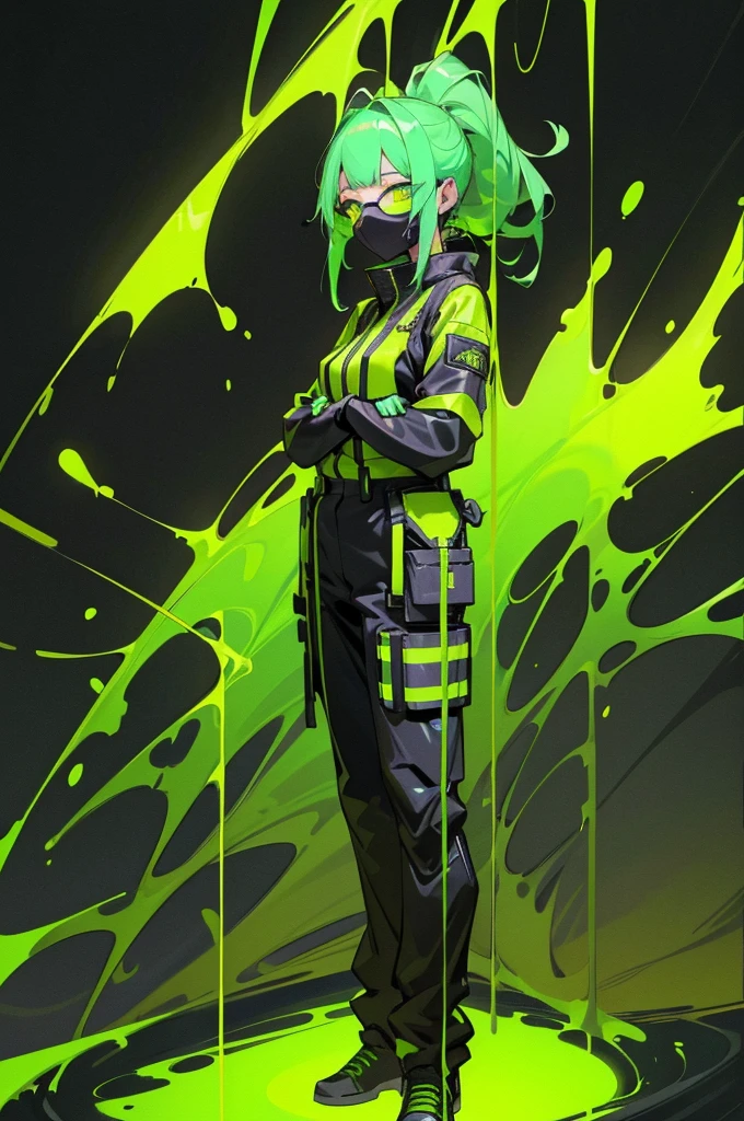 Black workwear jumpsuit、Costume with glowing yellow-green linesを着た女性, cyber punk, Hard Rock Metal, Mosh Pit, (Highest quality,4K,8K,High resolution,masterpiece:1.2),Live Stage、Costume with glowing yellow-green lines、Large sunglasses,Punkish hairstyle、Full body portrait
