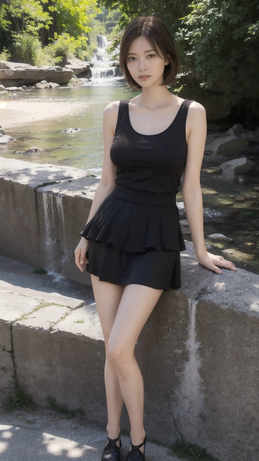 21 years old female, long hair, RAW photo, bokeh (realism: 1.4, realistic), high detail CG unified 8K wallpaper, 1girl, ((slim body)), ((skinny)), ((natural big ??????:1.3)), back to viewer, ((direct view from the front)), (HQ skin: 1.4), 8k uhd, dslr, soft light, high quality, film grain, Fujifilm XT3, ((knit tank top, black short skirt)), ((outdoor, at park))) jangjoo, portrait,((Layered medium Haircut, black hire)),(looking at viewer:1.4),(Full body:1.7), (((height:162cm))), (((crossed arms))), (((draw perfect hands and finger)))