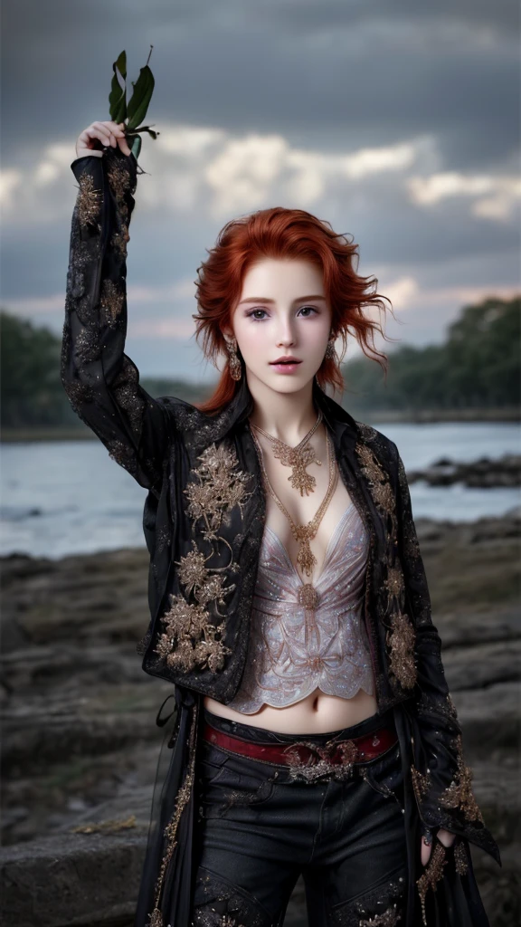 ((best quality)), ((ultra res)), ((photorealistic:1.4)), (intricate details), 19 years old, red hair, perfect face, make up:1.5, light on face, face detail, golden neckless, nsfw