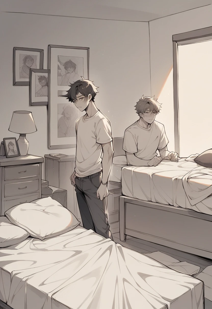 Draw me a picture of a boy standing with a bed
