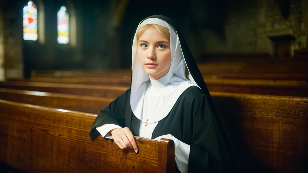 Beautiful blonde with big breasts dressed as a nun (Sitting in a pew in a dark church),Wearing headphones,Very detailed, 21 years old, Innocent face, Naturally Wavy Hair, blue eyes, High resolution, masterpiece, Highest quality, Intricate details, Very detailed, Clear focus, Delicate skin, practical skin texture, texture, Delicate eyes, Professional, 4K, Sad crying face, Shot with Canon, 85mm, Shallow and deep,  Kodak Vision Color, Exactly, Very detailed, photograph_\(Extremist\), photographpractical, practical, Post-processing, Maximum details, Roughness, Real Life, Extremist practical, Photorealism, photographgraphy, 8K Ultra HD, photographgraphy