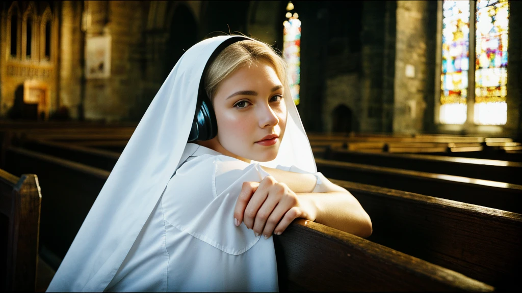 Beautiful blonde with big breasts dressed as a nun (Sitting in a pew in a dark church),Wearing headphones,Very detailed, 21 years old, Innocent face, Naturally Wavy Hair, blue eyes, High resolution, masterpiece, Highest quality, Intricate details, Very detailed, Clear focus, Delicate skin, practical skin texture, texture, Delicate eyes, Professional, 4K, Sad crying face, Shot with Canon, 85mm, Shallow and deep, Kodak Vision Color, Exactly, Very detailed, photograph_\(Extremist\), photographpractical, practical, Post-processing, Maximum details, Roughness, Real Life, Extremist practical, Photorealism, photographgraphy, 8K Ultra HD, photographgraphy