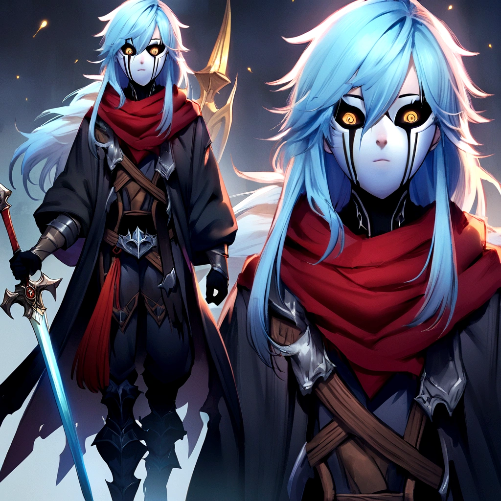Full Body art of in, league of legends style-full face white Bleach yokai mask 16 year old cute teen boy wearing a red headband, long light blue emo hair, with bangs, silver eyes, yellow pupil, retina, he wears a Black medieval adventurous coak clothing, with very nice red scarf, he is showing his belly, he is holding a magic sword, illustration, unrealistic, vivid colors, Dark fantasy, he is standing, he is walking shows him in full body, show him inside a full body ship