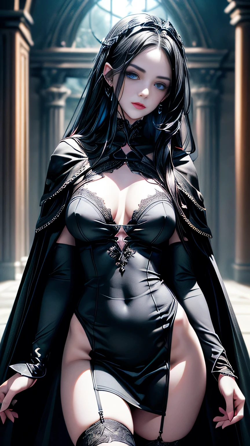 ((beautiful and majestic dark queen of the underword)) ((blue eyes)) ((evil gaze)) ((pale skin)) ((very light blue eyes)) ((very dark eyeshadows makeup)) ((bright red lips)), ((very long straight black hair)) ((big breast1.3)) ((skinny body:1.3)) ((very long sexy lace fantasy dress)) ((black stocking, cape)) ((underworld castle, at night, full moon)) (()) ((magical aura)) ((high definition:1.5) ((masterpiece:1.5))((8k:1.5)) ((Best quality:1.4)), more_details:-1, more_details:0, more_details:0.5, more_details:1, more_details:1.5, more prism, vibrant color,