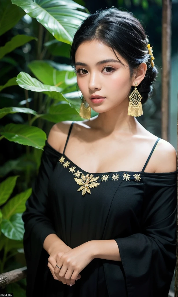 A stunningly realistic photo of a young Maya woman, gazing directly at the viewer with intense dark eyes. Her short, jet-black hair is styled in a sleek, close-up framing that accentuates her sharp features. She wears traditional Guatemalan clothing, an off-the-shoulder piece adorned with intricate details, against the backdrop of a majestic Maya pyramid under the starry night sky at midnight. The jungle foliage surrounding her adds to the lush atmosphere, with her tan skin and body illuminated by subtle moonlight.