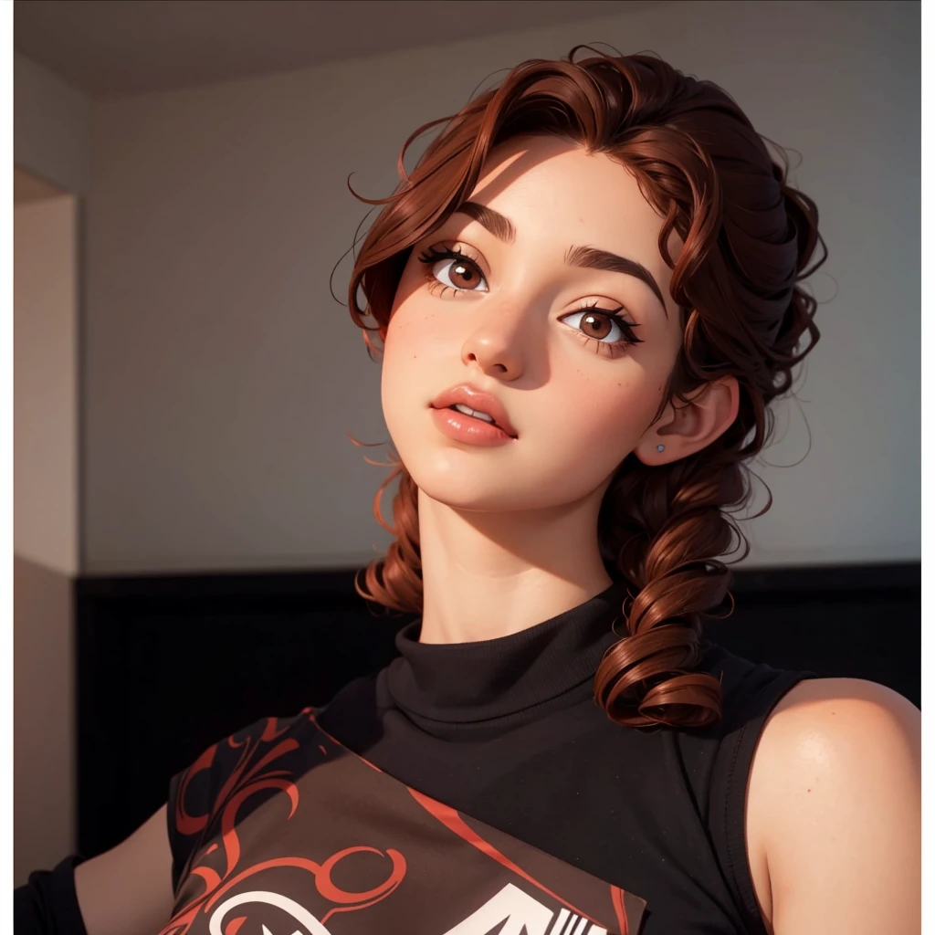 Beautiful cute curly girl with red highlights in her hair brunette brown eyes 