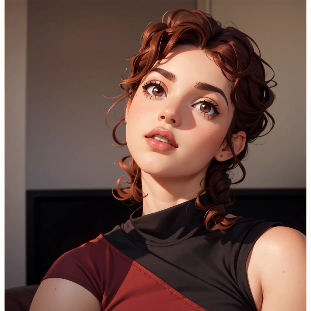 Beautiful cute curly girl with red highlights in her hair brunette brown eyes