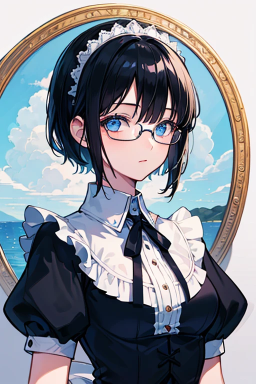 ((Highest quality)), ((masterpiece)), (Familiar), Illustration Style,Perfect Face,1 Girl,Black Hair,Short Hair,Glowing Skin,big, Bright Blue Eyes,Beautiful Bangs,Small breasts,Super Beauty,woman,,Black maid outfit,Glasses,Beautiful clothes,