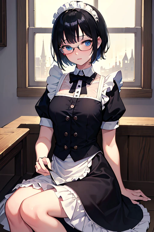 ((Highest quality)), ((masterpiece)), (Familiar), Illustration Style,Perfect Face,1 Girl,Black Hair,Short Hair,Glowing Skin,big, Bright Blue Eyes,Beautiful Bangs,Small breasts,Super Beauty,woman,16 years old,Black maid outfit,Glasses,Beautiful clothes,