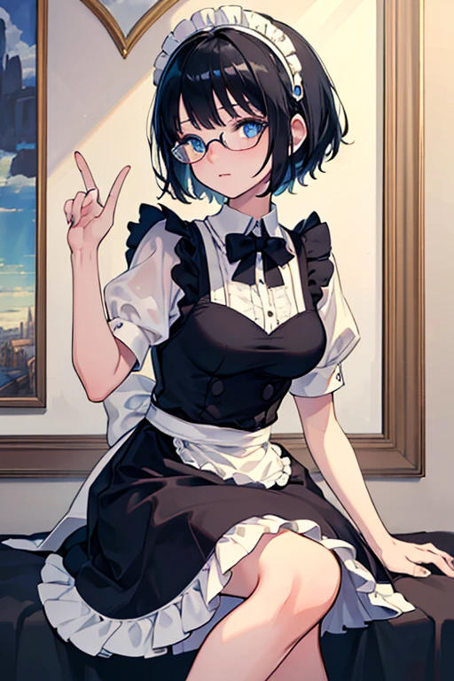 ((Highest quality)), ((masterpiece)), (Familiar), Illustration Style,Perfect Face,1 Girl,Black Hair,Short Hair,Glowing Skin,big, Bright Blue Eyes,Beautiful Bangs,Small breasts,Super Beauty,woman,,Black maid outfit,Glasses,Beautiful clothes,