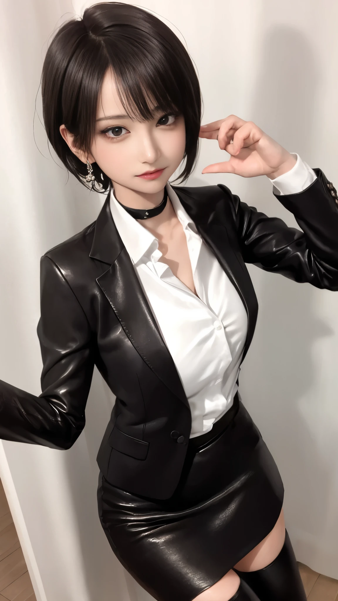 Woman walking in office hall, on a spoonful of alcohol, white walls, Gray table, posters on the wall,
(((masutepiece))), ((Best Quality)), ((intricate-detail)), ((hyper realisitic)), absurd res, A MILF, Small face、27-year-old woman, Perspective, Highly detailed, Illustration, 1girl in,(Big breasts), Perfect hands, Detailed fingers, Beautiful detailed eyes, Short hair, Brown eyes, vd, (business outfit:1.2), Blazer and slender lapel dress are the same color, Black leather tight skirt, Black Choker, earrings, Stockings, Detailed background, Bedroom, Perfect eyes, Seductive eyes, Looking at the viewer, from the front side、Angle from above、all-fours、1boy, penises、Falachio、, Woman sucking panis to the root、Angle from above