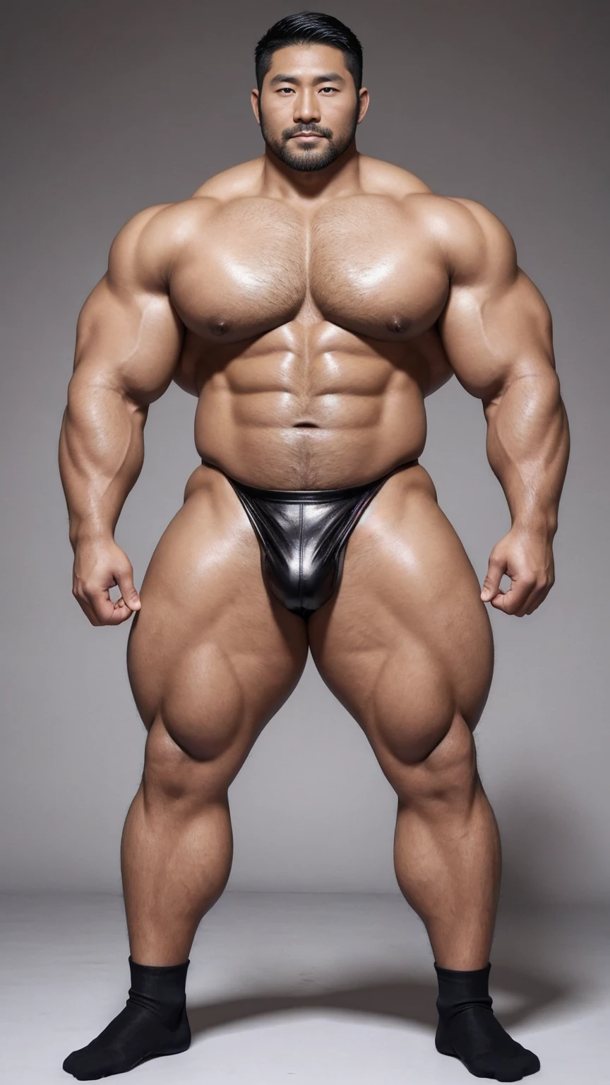 There is only one handsome Asian actor in the photo,35 years old,High target, Fitness,short hair, O-Shaped Beard,Perfect body, Dark skin color,Radiant Skin,Smooth skin,Muscle bulge, muscular, Very large pectoral muscles,Very sexy abdominal muscles,Very well-developed leg muscles,Huge concave and convex area,Brightens oily skin,Wearing black leather shiny thong,Handsome face, Correct and accurate male body proportions, Wear black socks,Standing on a gray background。