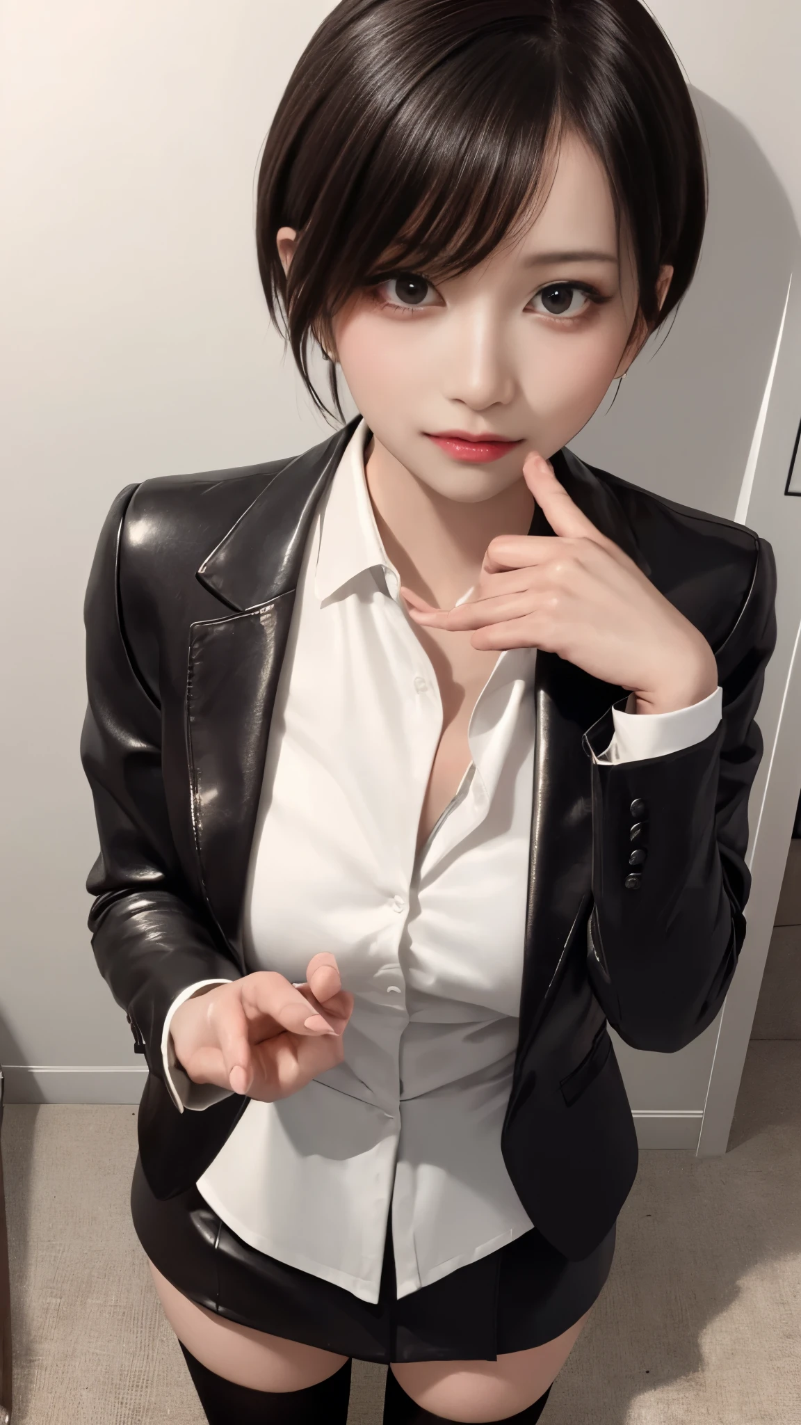 Beautiful woman, 25 years old, high ponytail, bright purple hair (like bright silver), perfect purple hair, Beautiful breasts, (Realistic skin),elegant upper class wearing a black pantsuit, black jacket, white shirt, cleavage visible, black pumps, and a business shirt. Elite secretary, working in the office, wearing a strict business suit, pantsuit style, wearing luxury high heels, girl wearing a shirt, wearing a business suit, wearing a business suit, black nail art, business Wearing a suit, Businessman, Business clothes, Wearing a black business suit, Wearing a white shirt and black jacket, Woman in a business suit, Business suit, Business attire, Raw photo, (8K, highest quality, Masterpiece: 1.2), (Complex Detail: 1.4), (Photoreal: 1.4), Octane Rendering, Complex 3D Rendering Super Detail, Studio Soft Light, Rim Light, Vibrant Detail, Super Detail, Realistic Skin texture, surface details, beautifully detailed eyes, highly detailed CG Unity 16k wallpaper, supplement, (detailed background:1.2),pony tail