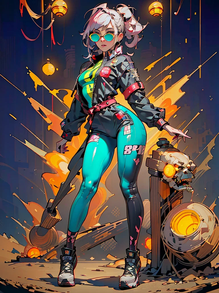 Workwear jumpsuit、Costume with glowing linesを着た女性, cyber punk, Punk Rock, Mosh Pit, (Highest quality,4K,8K,High resolution,masterpiece:1.2),Live Stage、Costume with glowing lines、Large sunglasses,Punkish hairstyle、Full body portrait