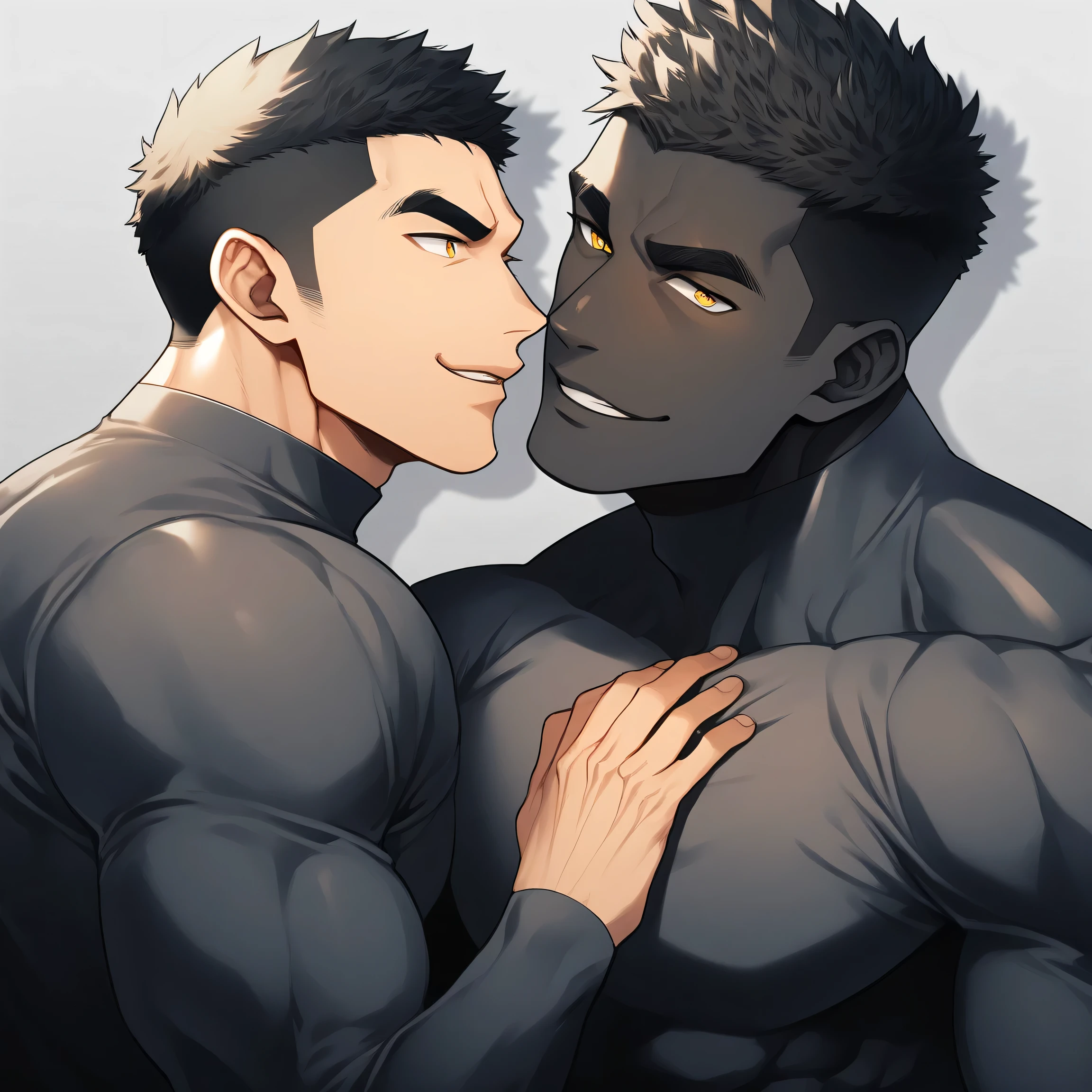 anime characters：Two superheroes in tights, Muscle superhero, ????? black skin, They hugged and kissed each other, Bite your neck, Caress, Manliness, male focus, Yellow and black high collar long sleeve tight T-shirt, Slightly transparent material, Very tight, Round, full and perky chest muscles, Muscle waist, Slightly transparent, muscular male, muscular, only, Upper body, alone, Black short hair, Thick eyebrows, stubble, Yellow eyes, Grey background, simple background, amazing quality, best aesthetics, Ridiculous, bright pupils, crew cut, parted lips, seductive smile, torogao, naughty face, drop shadow, best quality