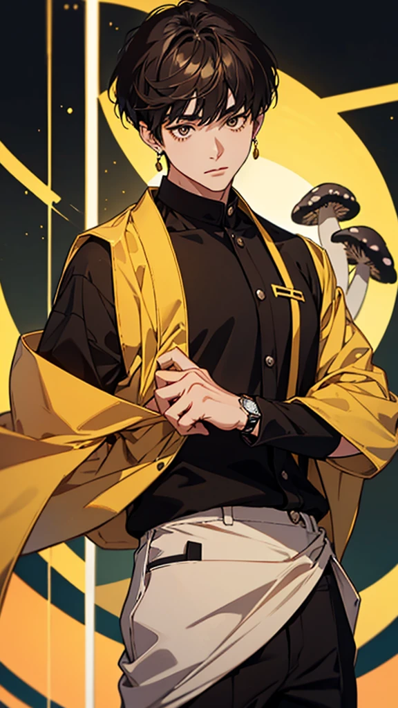 Japanese, university student, brown hair, mushroom cut, rounded hairstyle, yellow and black gradient shirt, silver watch, black ring earrings