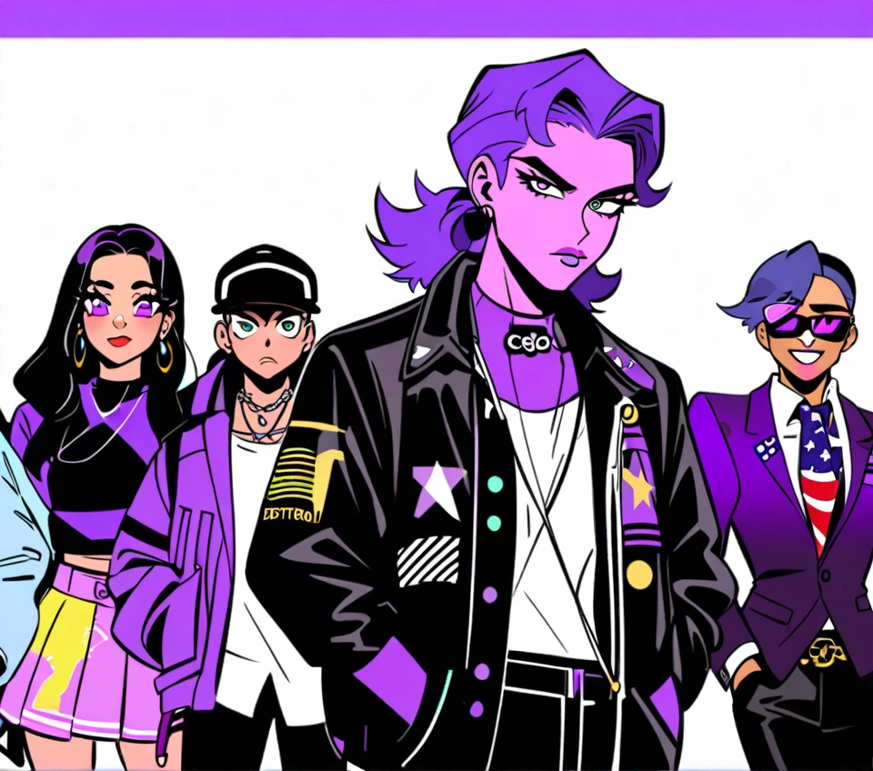 The Purple gang of Detroit in anime style. Modern polish Americans, modern Detroit fashion, polish, wearing purple, manga style