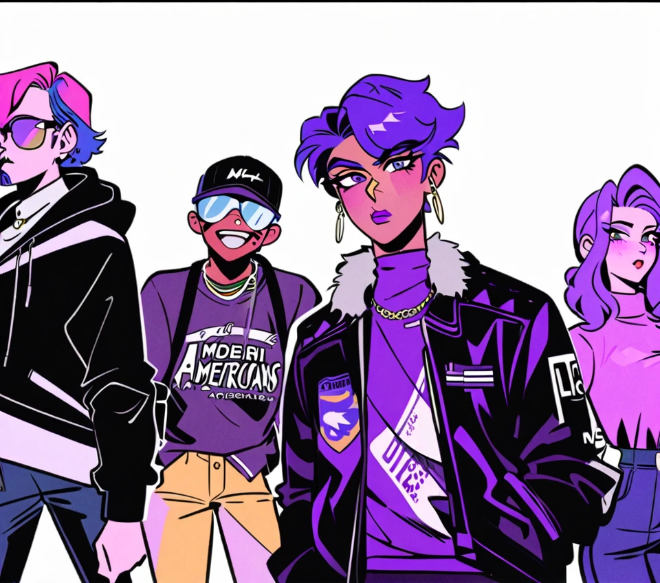 The Purple gang of Detroit in anime style. Modern polish Americans, modern Detroit fashion, polish, wearing purple, manga style
