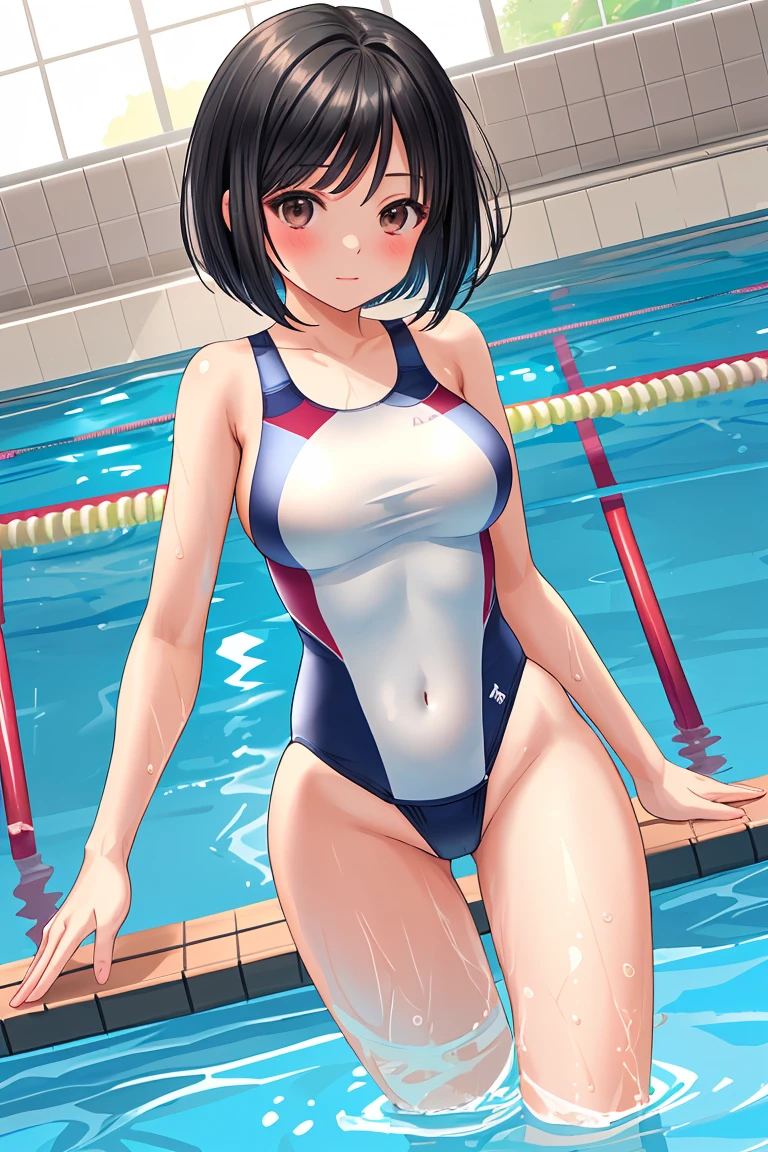 Swimming Club Swimsuit beautiful girl Black Hair Short Bob Beautiful breasts
