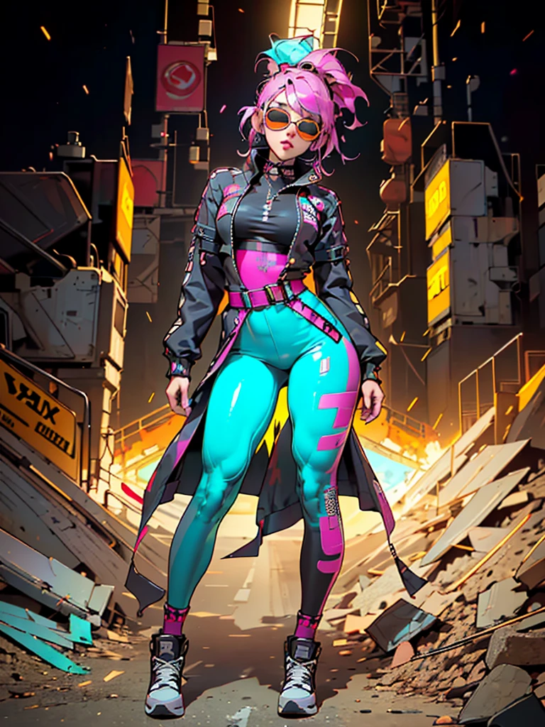 Workwear jumpsuit、Costume with glowing linesを着た女性, cyber punk, Punk Rock, Mosh Pit, (Highest quality,4K,8K,High resolution,masterpiece:1.2),Live Stage、Costume with glowing lines、Large sunglasses,Punkish hairstyle、Full body portrait
