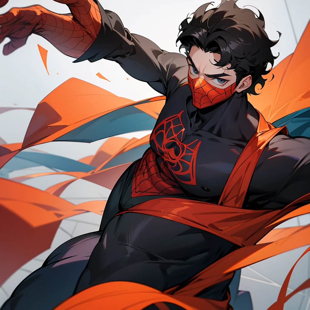 A man with a tourist physique wearing a Spider-Man outfit without the mask with curly black hair