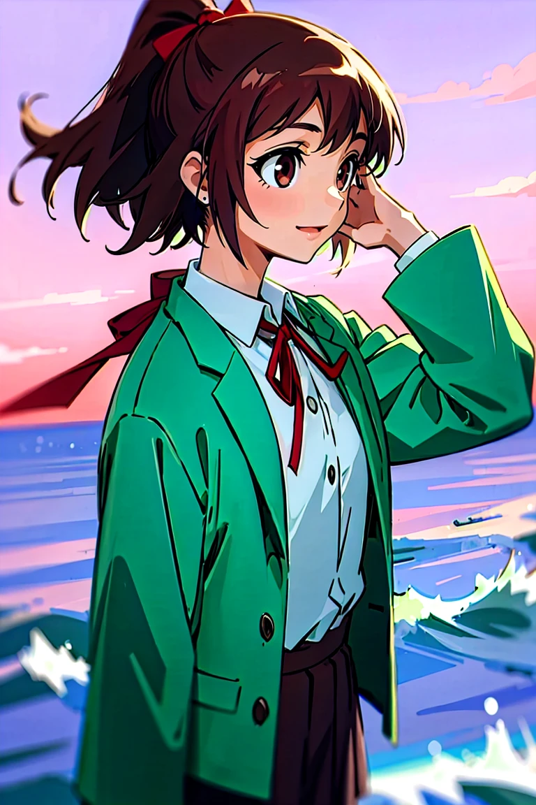 (masterpiece, best quality:1.2), samidare asahina, 1girl, brown eyes, brown hair, jacket, long sleeves, neck ribbon, ocean, red sky, dawn, ponytail, red ribbon, ribbon, , shirt, short hair, solo, sunset, white shirt