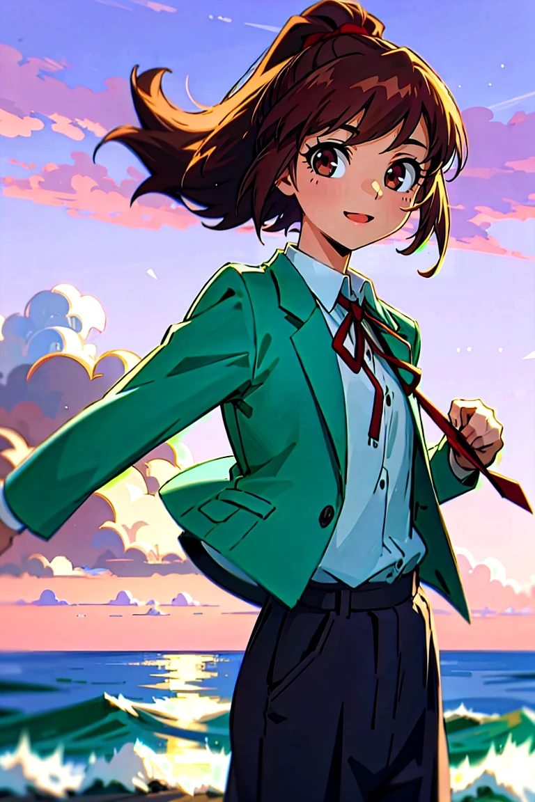 (masterpiece, best quality:1.2), samidare asahina, 1girl, brown eyes, brown hair, jacket, long sleeves, neck ribbon, ocean, red sky, dawn, ponytail, red ribbon, ribbon, , shirt, short hair, solo, sunset, white shirt