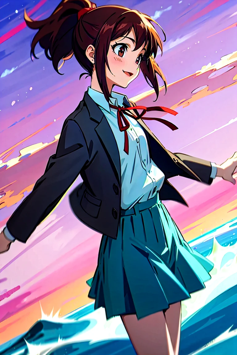 (masterpiece, best quality:1.2), samidare asahina, 1girl, brown eyes, brown hair, jacket, long sleeves, neck ribbon, ocean, red sky, dawn, ponytail, red ribbon, ribbon, , shirt, short hair, solo, sunset, white shirt