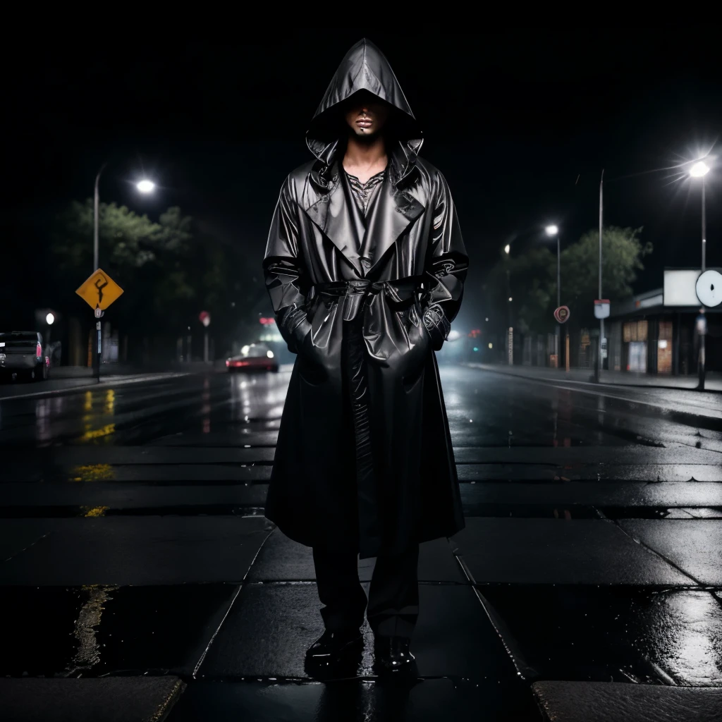 masterpiece，Best quality，A mysterious figure（Mysterious Figure 1.3）Wearing a stylish black trench coat（Black windbreaker1.2）Standing in the pouring rain（Heavy rain 1.1）forward。The dim outline was illuminated by a dim street lamp（Dim street lights 1.3）illuminate，Casting fascinating shadows on the wet road（Fascinating Shadows 1.2）。Urban noir is captured in this black and white photo by David LaChapelle, a talented photographer known for his provocative and dramatic work.（urban noir:1.4）The essence of it，Reminiscent of conspiracy and suspense。
