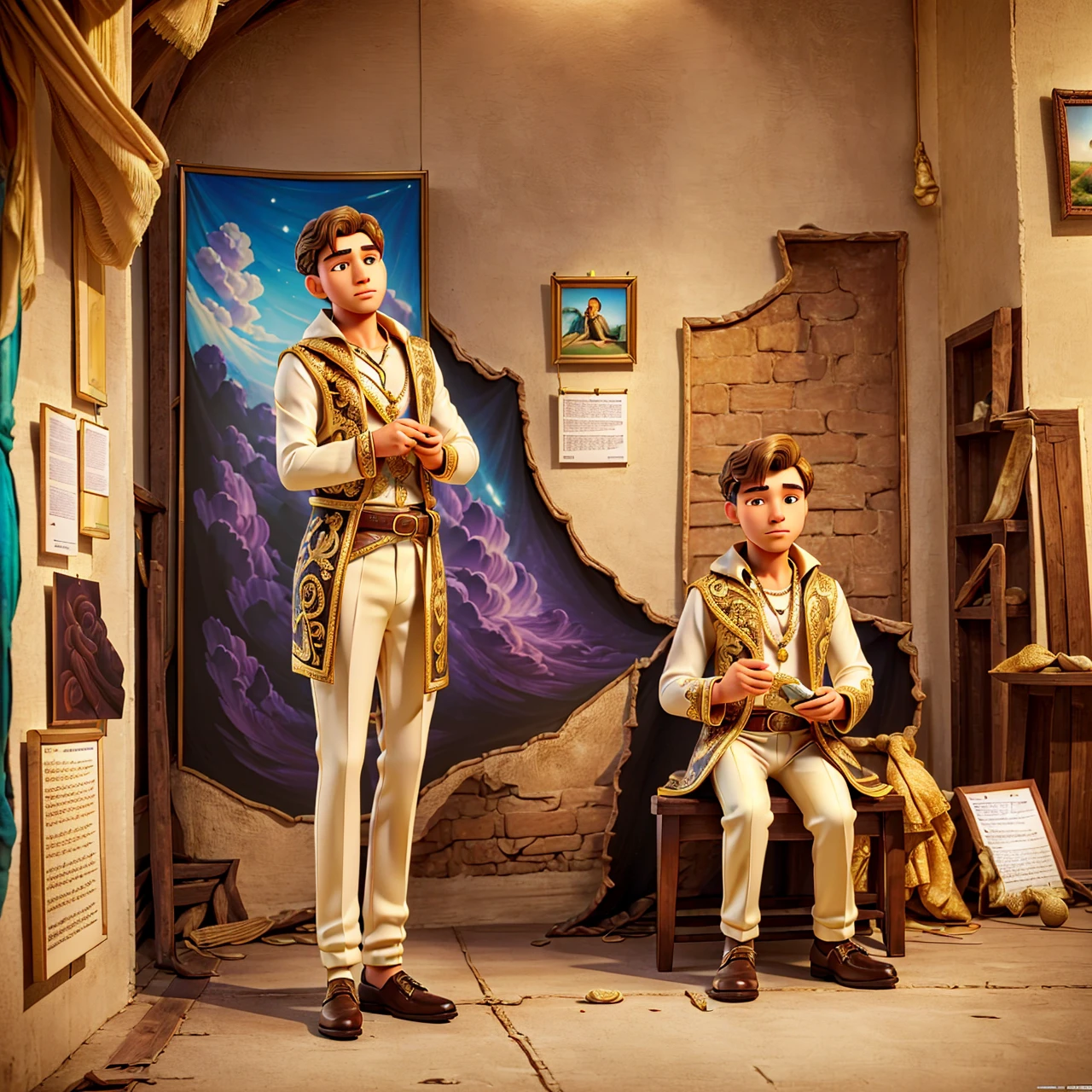 Man sitting, (((solo exhibition)), white and gold clothes, lots of decorated costumes, (full body) Take photos of the most beautiful artwork detailed, Intricate details, High detail, Ultra realistic