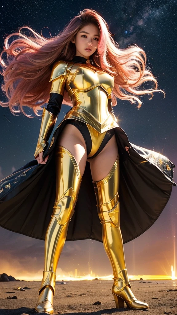 ((best quality)), ((masterpiece)), (ultra detailed lights), ((full body shot)), ((skinny body)), indonesian girl, extremely beautiful, ((slim body)), thighs gap, ultra face details, 20 years old, ((pink curvy-hair)), ((hair blown by strong winds :1.3)), Award-winning photograph, ((symmetrical pose)), teen goddess in ((full body golden black armor)) are in the middle of battlefield, posing in the middle, intricate details, ((thight golden armour)), ((extremely details armor)), ((tight latex panties)), ((24k-gold armor)), ((edge luminous armor)), cameltoe, luminescent, epic lights reflections, ((she posing with golden bow)), at beach, full of stars, orange clouds, nebula sky, epic aurora borealis in the background, shooting stars, ((from below))