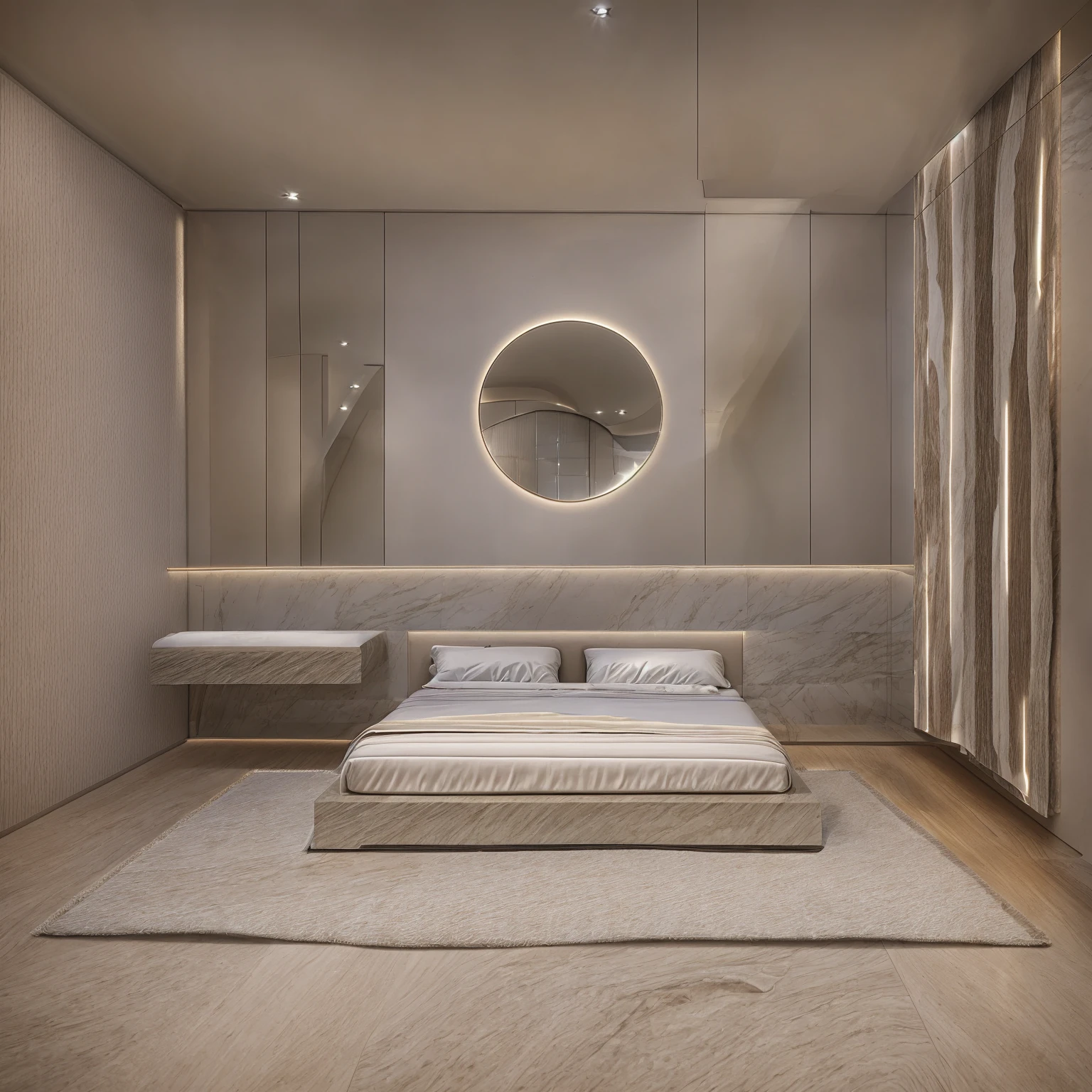1 bedroom, Neoclassical style, 1 bed, white wall, marble floor, 1 dressing table, 1 bức tranh trang trí hình tròn:1.2, 1 white fur rug:1.3, daylight