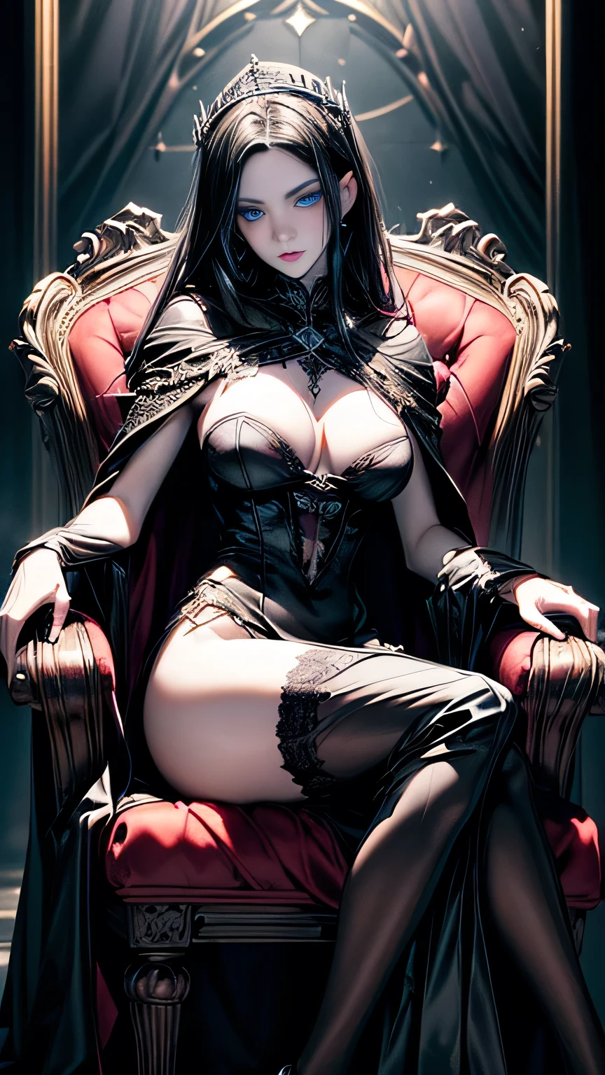 ((beautiful and majestic dark queen of the underword)) ((blue eyes)) ((evil gaze)) ((pale skin)) ((very light blue eyes)) ((very dark eyeshadows makeup)) ((bright red lips)), ((very long straight black hair)) ((big breast1.5)) ((skinny body:1.3)) ((sexy ornament lace fantasy dress)) ((black stocking, cape)) ((underworld castle, at night)) ((seductive pose sit on throne)) (()) ((magical aura)) ((high definition:1.5) ((masterpiece:1.5))((8k:1.5)) ((Best quality:1.4)), more_details:-1, more_details:0, more_details:0.5, more_details:1, more_details:1.5, more prism, vibrant color,