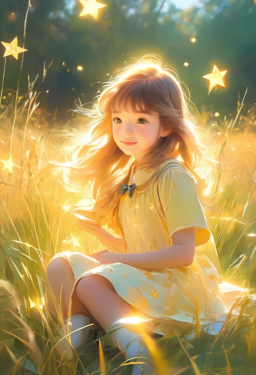 Golden light particle effect, colorful bright sky, cute school girl sitting in a field surrounded by tall grass, pastel painting style, ((airy light effect: 1.5)), bright atmospheric forest image, Star Art Group (Star Star)